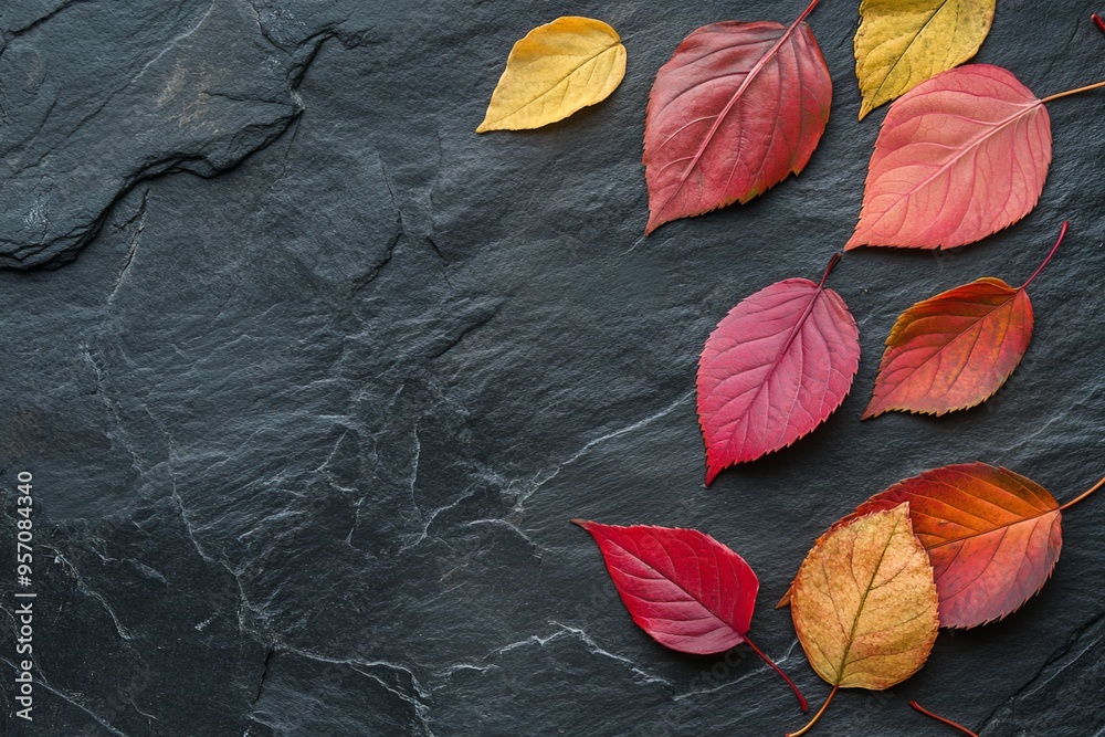 A top view of autumn leaves over gray stone background, copy space A top view of autumn leaves over gray stone background, copy space