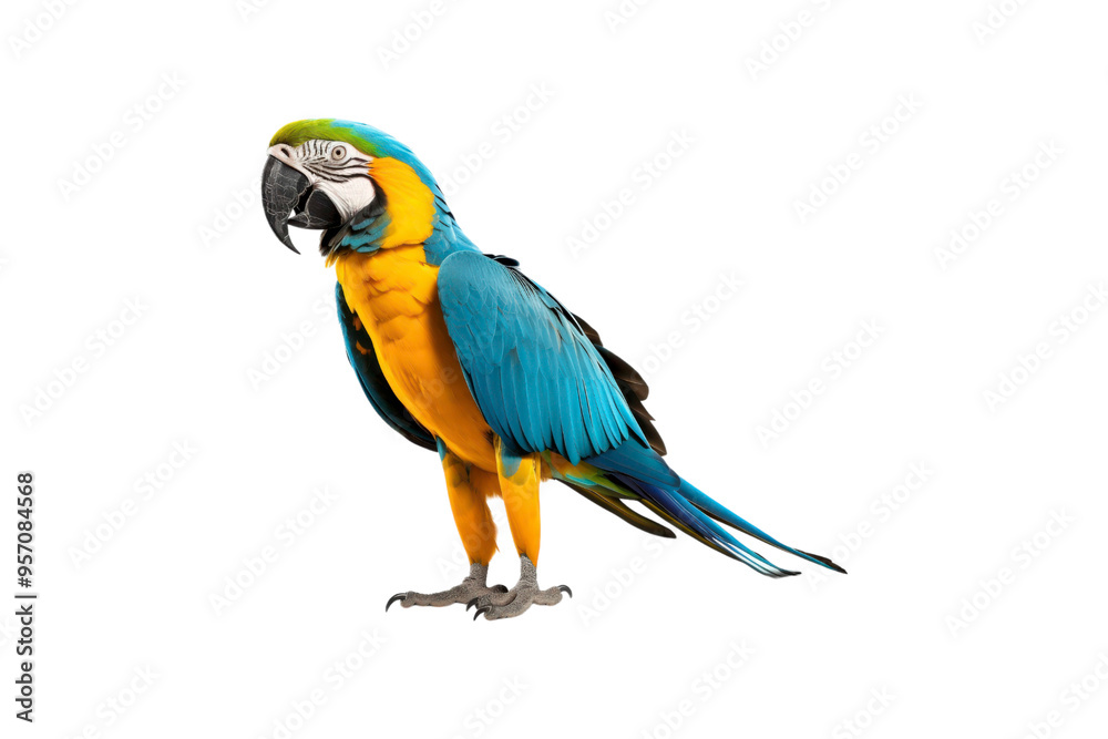 Fototapeta premium Blue and yellow macaw parrots against white background. Suitable for websites, presentations, and educational materials about tropical birds and wildlife