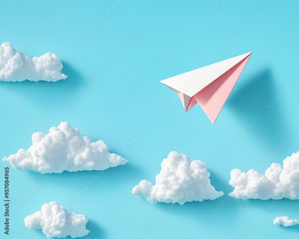 A stylish paper airplane soaring through a bright blue sky filled with fluffy clouds, symbolizing freedom and creativity. A stylish paper airplane soaring through a bright blue sky filled with fluffy clouds, symbolizing freedom and creativity.