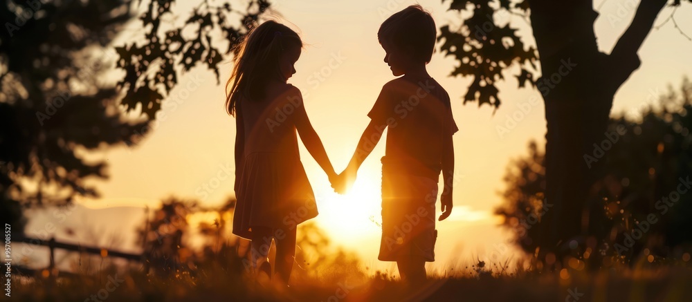 Fototapeta premium Silhouette of happy boy and girl holding hands at sunset