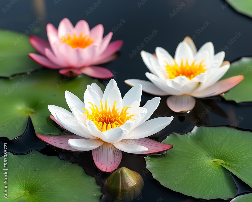 Three water lilies bloom on a pond with green lily pads. Three water lilies bloom on a pond with green lily pads.