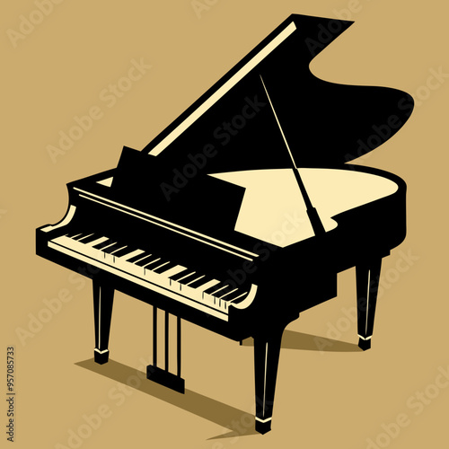 piano silhouette, a grand piano shape, grand piano and music notes