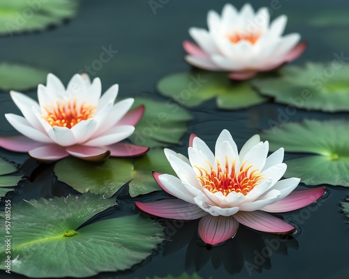 Three white water lilies with orange centers bloom in a pond.