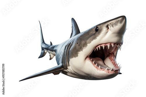 A huge white shark with an open mouth is swimming close up, showing sharp teeth on a white background. Suitable for marine conservation, wildlife documentaries, and educational materials