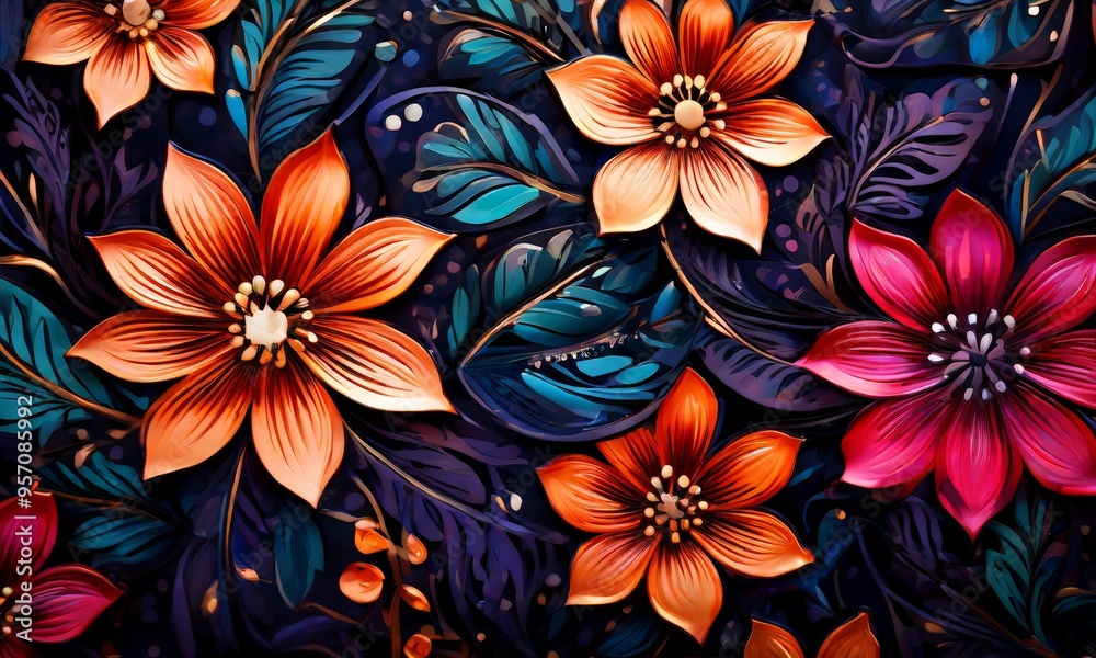 floral background with orange and blue flowers floral background with orange and blue flowers