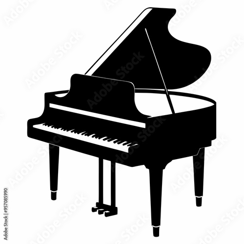 piano silhouette, a grand piano shape, grand piano and music notes