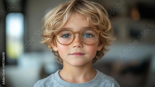 portrait of an adorable young boy with oversized glasses capturing a mix of innocence and intelligence in his expression