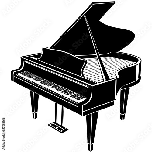 piano silhouette, a grand piano shape, grand piano and music notes