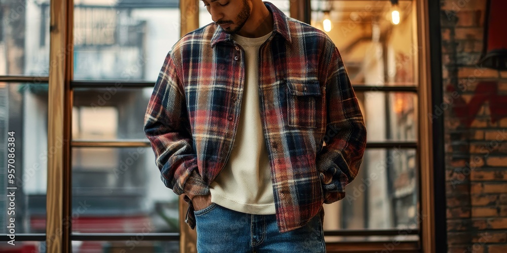 Fototapeta premium Man in plaid shirt with hands in pockets.