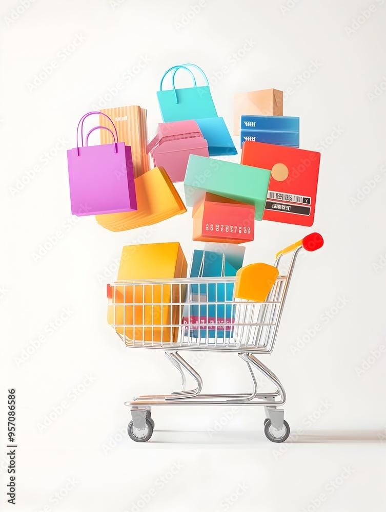 Vibrant Ecommerce Icons and Shopping Elements on Minimalist White Background