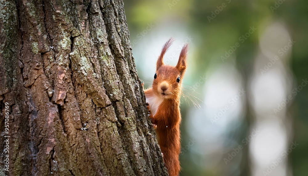 Behind the Bark: A Red Squirrel's Curious Glance Behind the Bark: A Red Squirrel's Curious Glance