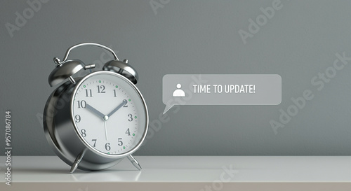 Alarm clock on a table with notification to update time photo