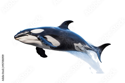 Black and white orca jumping out of water. Suitable for marine life websites, wildlife blogs, ocean themed designs, environmental posters, education materials