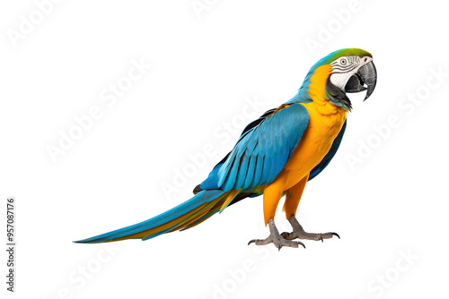Blue and yellow macaw parrots against white background. Suitable for websites, presentations, and educational materials about tropical birds and wildlife