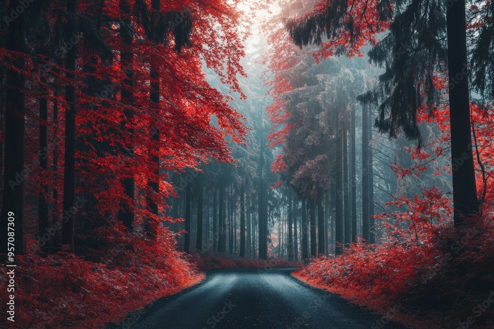 In autumnal forest, a curve of asphalt road has fallen leaves. In autumnal forest, a curve of asphalt road has fallen leaves.