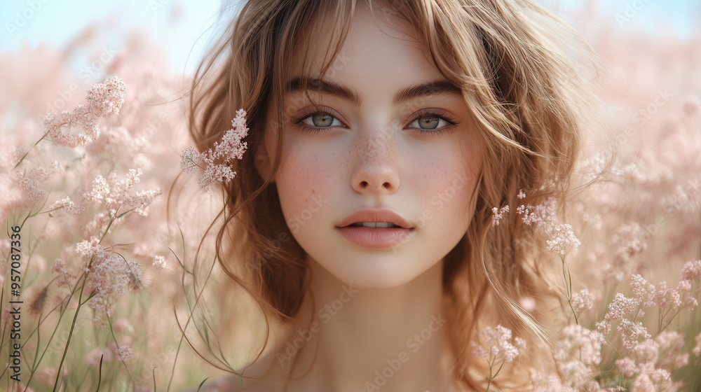 a beautiful model standing in a field of wild flower, portrait photography, sunny day, suitable for beauty industry, fashion, skincare, perfume a beautiful model standing in a field of wild flower, portrait photography, sunny day, suitable for beauty industry, fashion, skincare, perfume