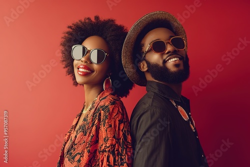 Stylish couple in sunglasses on red background