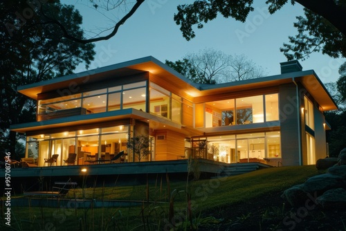 A contemporary two-story house with large glass windows, warmly lit from the inside, against a twilight backdrop, radiating modern elegance and comfort.