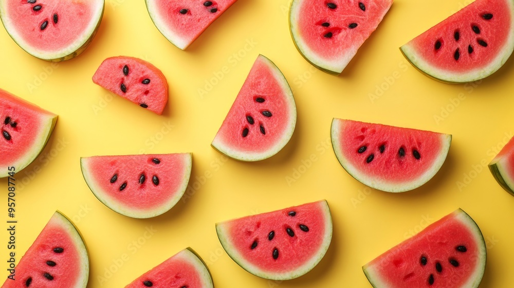 Flat Lay of watermelon slices arranged in a geometric pattern on a bright yellow background, showcasing the contrast between red flesh and black seeds, hyper-realistic, high detail, photorealistic Flat Lay of watermelon slices arranged in a geometric pattern on a bright yellow background, showcasing the contrast between red flesh and black seeds, hyper-realistic, high detail, photorealistic