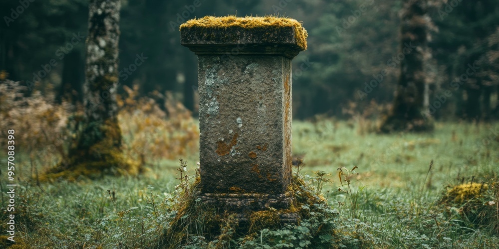 Moss-covered stone pillar in a forest. Moss-covered stone pillar in a forest.
