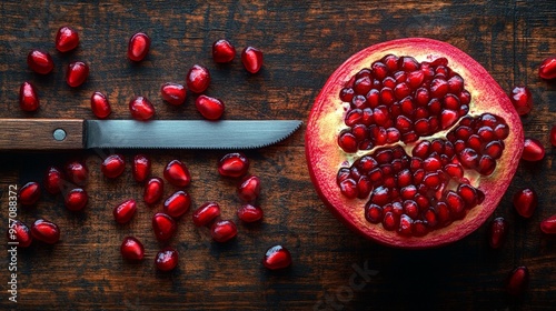Flat Lay of pomegranate seeds scattered around a halved pomegranate on a rustic wooden surface, highlighting the glossy, ruby red seeds, hyper-realistic, high detail, photorealistic