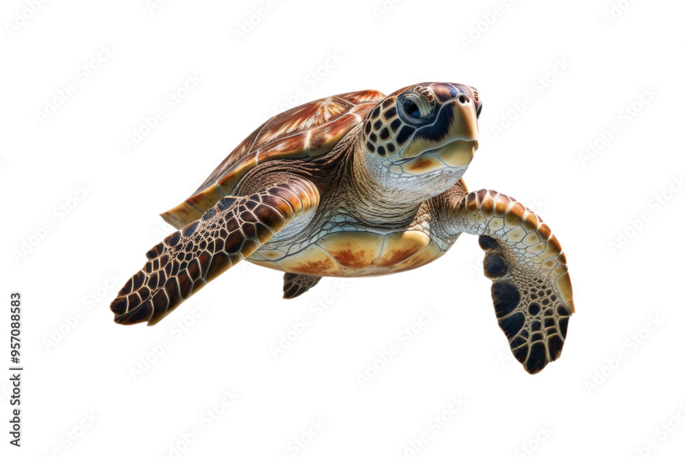 Obraz premium close up of a sea turtle on a white backdrop. Ideal for instructional materials on environmental issues, conservation, and marine life