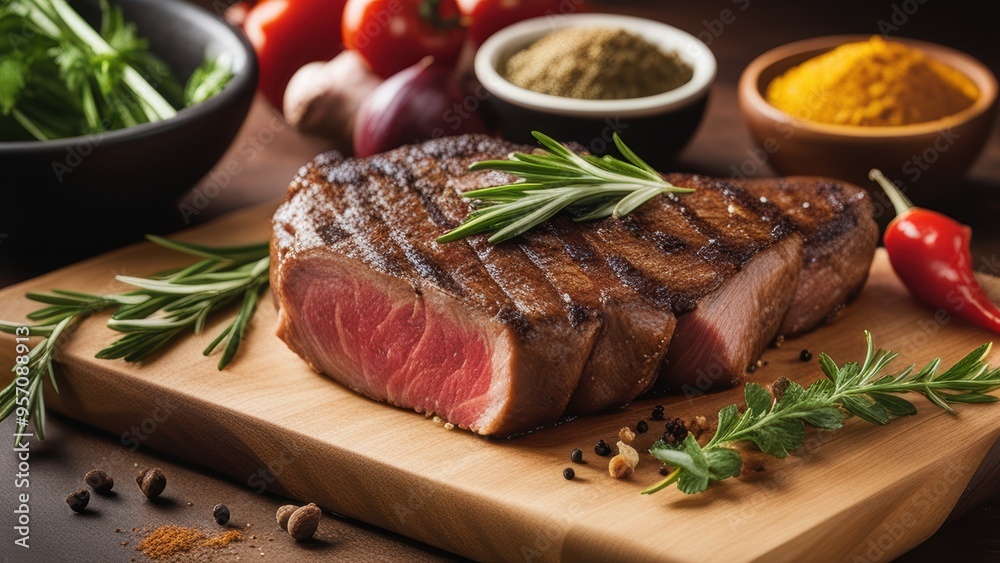 High-quality steak on wooden cutting board with crushed red pepper rosemary and whole chili peppers. High-quality steak on wooden cutting board with crushed red pepper rosemary and whole chili peppers.