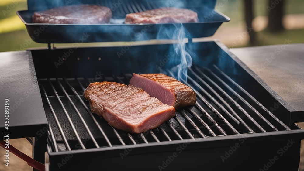Outdoor barbecue with grilled meats steaks chops and kebabs sizzle on a grill. Outdoor barbecue with grilled meats steaks chops and kebabs sizzle on a grill.