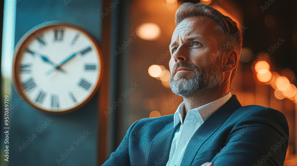 A man in a suit is looking at a clock with the hands on the number 12 and 3 A man in a suit is looking at a clock with the hands on the number 12 and 3
