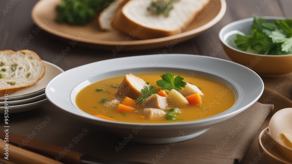 Steaming bowl of creamy chicken soup on a wooden table garnished with fresh herbs. Steaming bowl of creamy chicken soup on a wooden table garnished with fresh herbs.