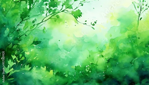 green watercolor background with leaves and branches