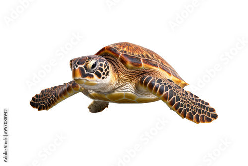 close up of a sea turtle on a white backdrop. Ideal for instructional materials on environmental issues, conservation, and marine life photo