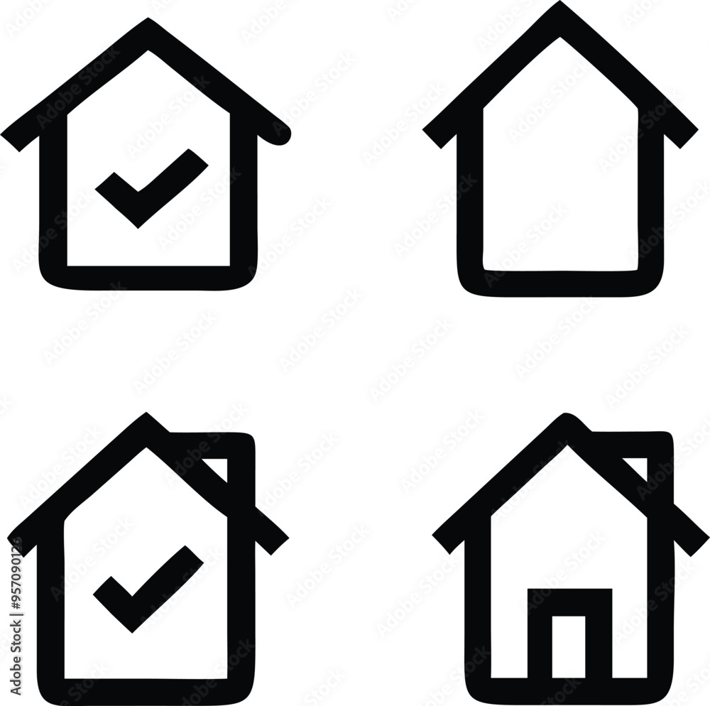 A comprehensive set of home icons designed for digital platforms, offering a range of house shapes from traditional to modern. This collection includes multiple variations, such as simple rooftops, A comprehensive set of home icons designed for digital platforms, offering a range of house shapes from traditional to modern. This collection includes multiple variations, such as simple rooftops,