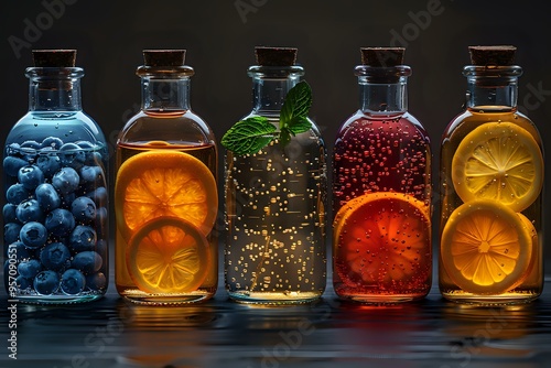  colorful arrangement of glass bottles filled with infused water featuring blueberries, oranges, mint, and citrus slices, creating a refreshing and vibrant display. Ideal for themes related to wellnes photo