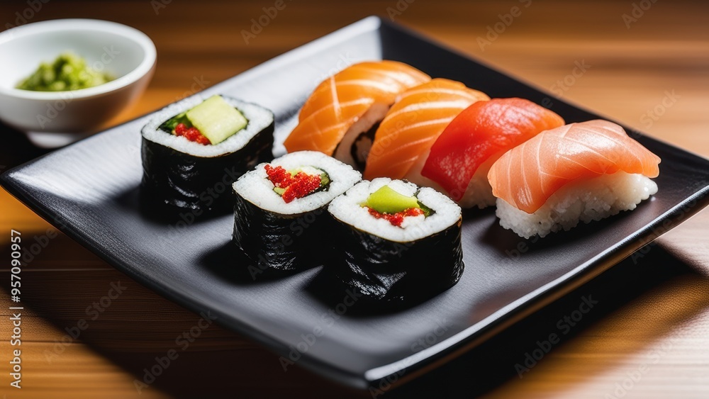 A plate of assorted sushi rolls (California Roll Eel Sushi) with condiment bowl on a restaurant-style table. A plate of assorted sushi rolls (California Roll Eel Sushi) with condiment bowl on a restaurant-style table.