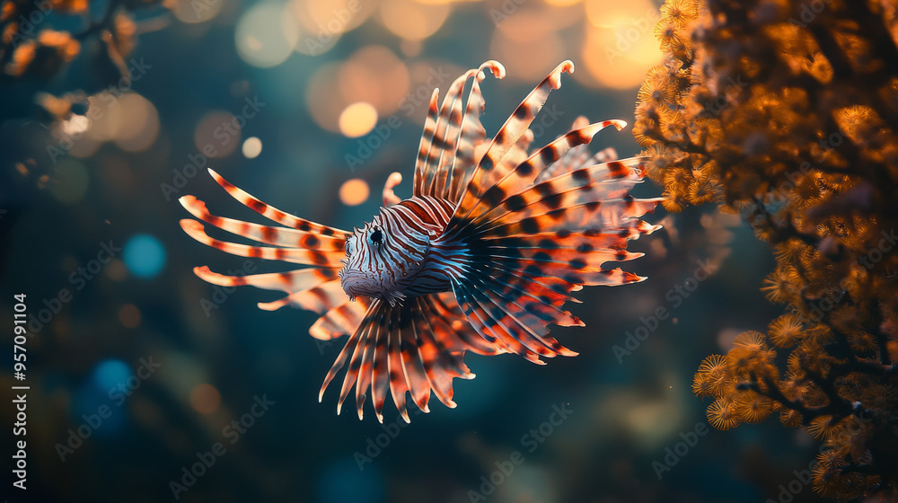 Striking Lionfish in Vibrant Coral Reef Striking Lionfish in Vibrant Coral Reef