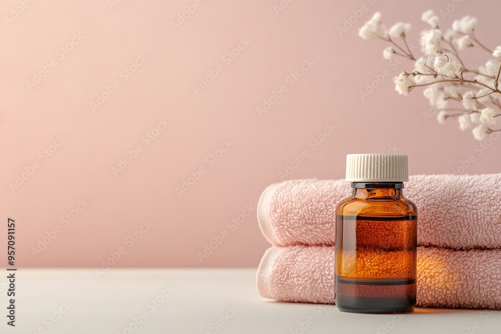 Essential oil bottle on pink towels with soft background Essential oil bottle on pink towels with soft background
