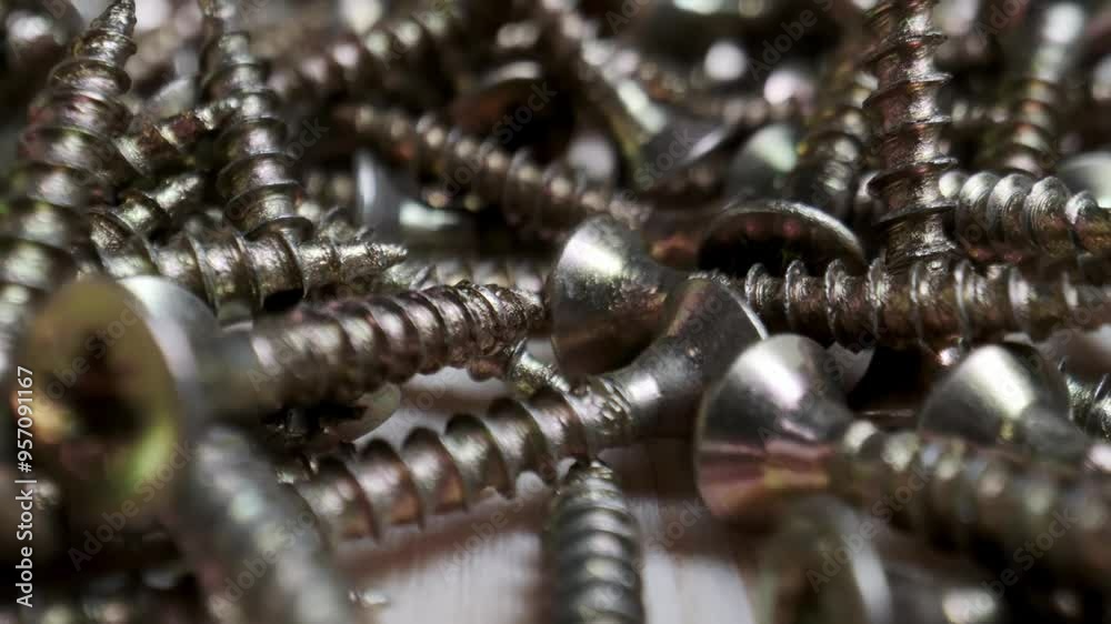 Detailed macro shot of a pile of metallic screws, highlighting the threaded surfaces and shiny metal texture. Detailed macro shot of a pile of metallic screws, highlighting the threaded surfaces and shiny metal texture.