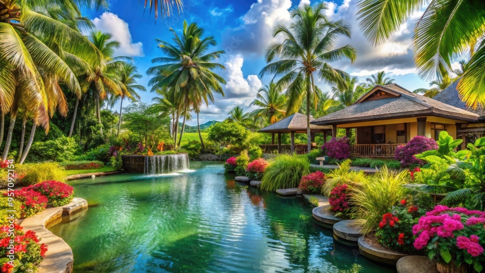 Fototapeta premium Serene tropical resort surroundings featuring lush greenery, vibrant flowers, and tranquil water features, providing a relaxing atmosphere for a peaceful getaway.