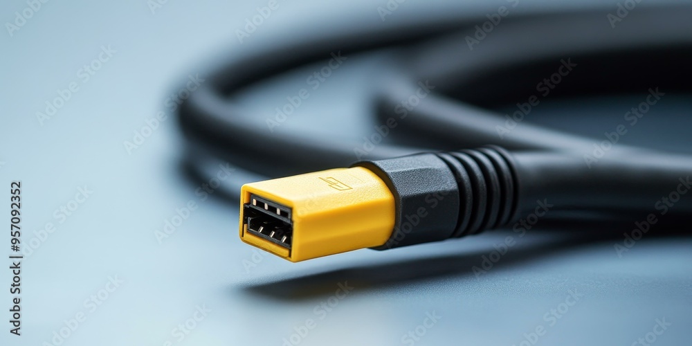 Yellow and black cable connector on blue surface. Yellow and black cable connector on blue surface.