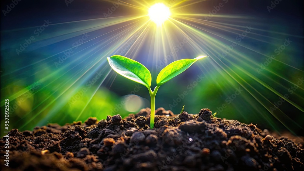 Vibrant green sprout bursts forth from dark soil, symbolizing renewal and growth, as nature's energy radiates from its tender leaves and delicate stem. Vibrant green sprout bursts forth from dark soil, symbolizing renewal and growth, as nature's energy radiates from its tender leaves and delicate stem.