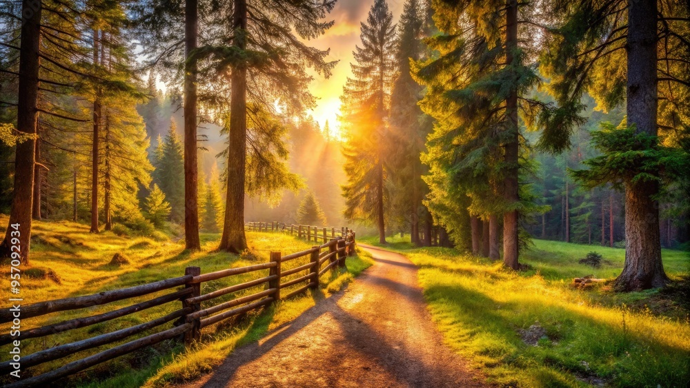 Obraz premium Serene wilderness landscape featuring a winding dirt trail surrounded by vibrant greenery, towering trees, and rustic wooden fencing, bathed in warm golden sunlight.