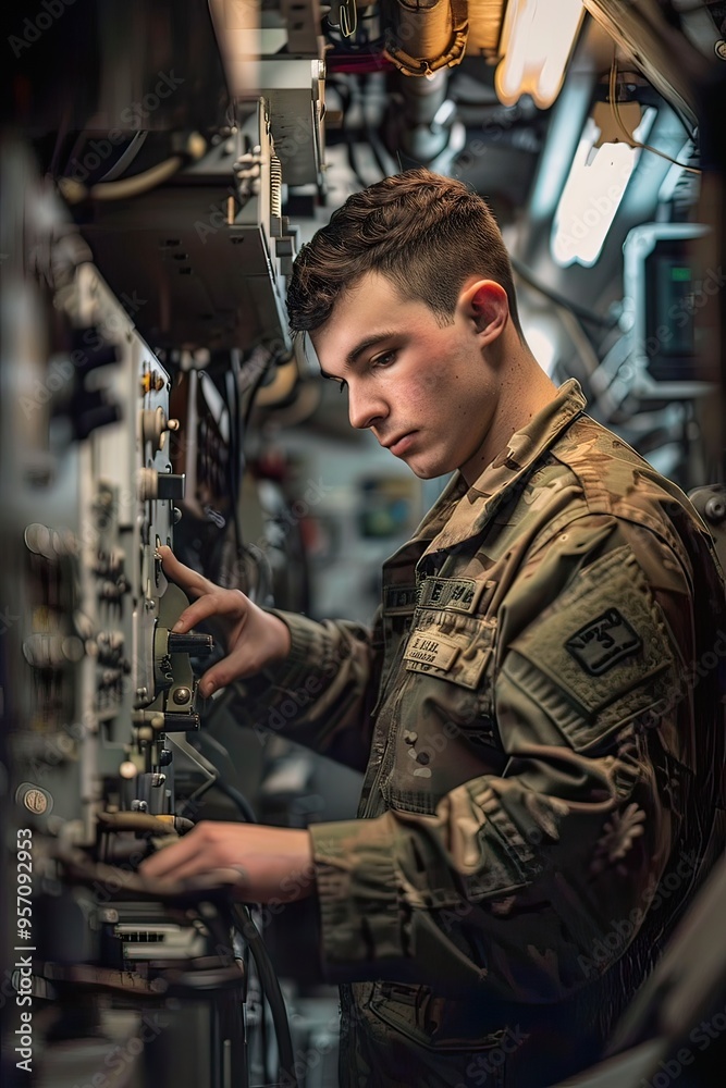 Portrait of a military engineer operating technical equipment Portrait of a military engineer operating technical equipment