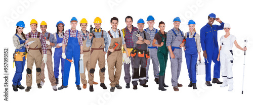 Bilde på lerret Professional tradesmen and workers waiting in line, diverse college students