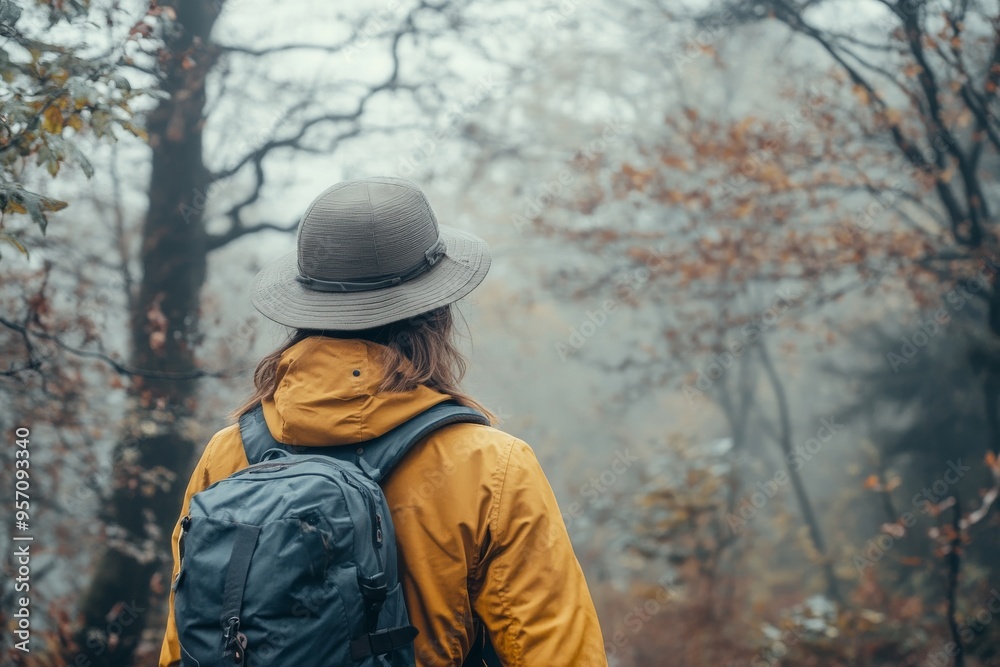 Fog in autumn forest as woman tourist walks with cowboy hat and backpack Fog in autumn forest as woman tourist walks with cowboy hat and backpack
