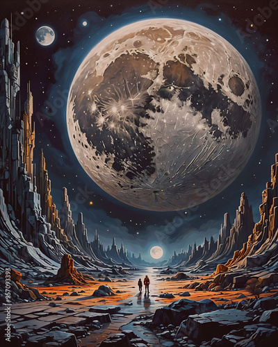 A painting of a couple standing under a moon with a moon in the background.