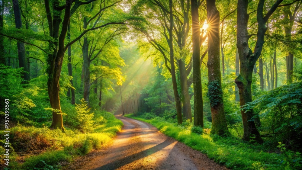 Serene winding dirt path leads through lush green forest with tall trees, vibrant foliage, and dappled sunlight filtering through the canopy in the background. Serene winding dirt path leads through lush green forest with tall trees, vibrant foliage, and dappled sunlight filtering through the canopy in the background.