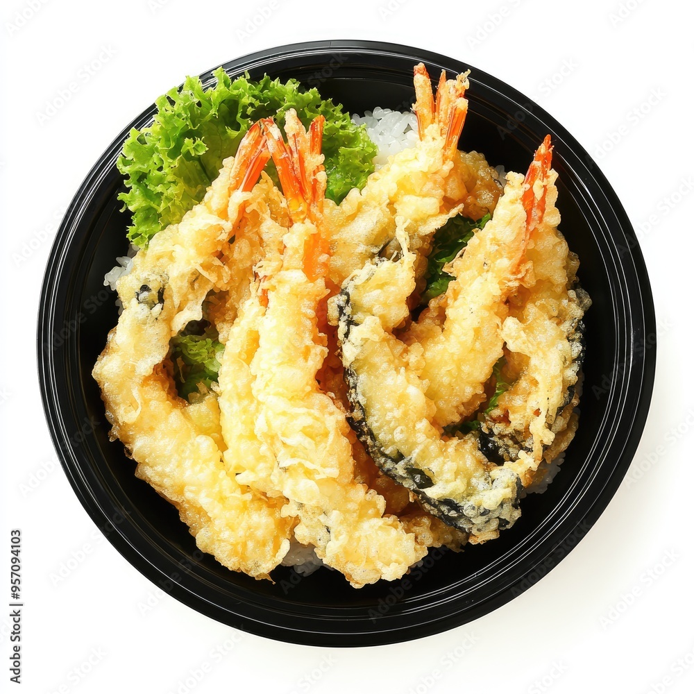 Tempura Shrimp and Vegetables Served in a Black Bowl