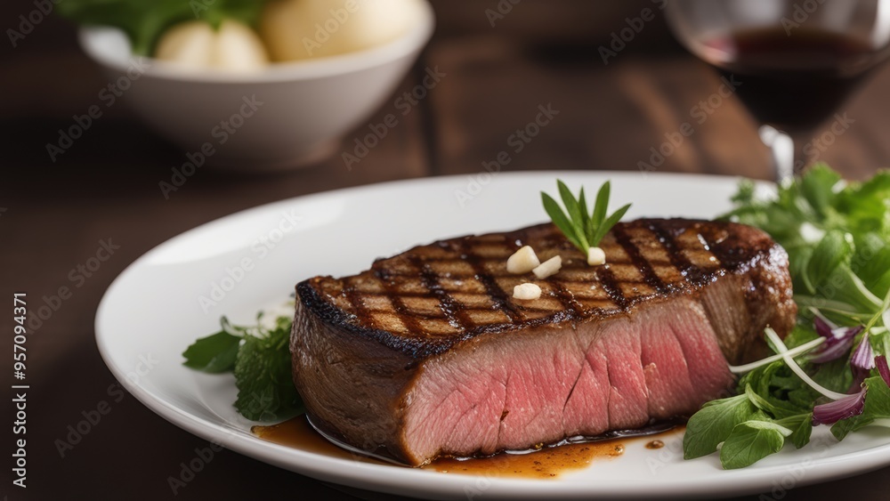 Medium-rare steak on white plate with fresh herbs and greens served with a glass of wine. Medium-rare steak on white plate with fresh herbs and greens served with a glass of wine.