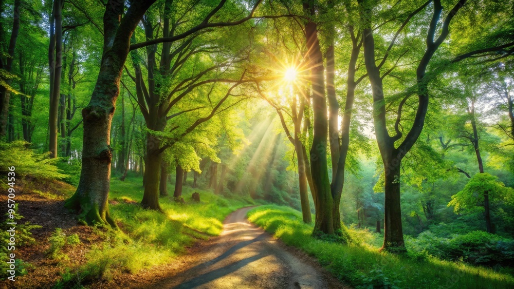 Naklejka premium Serene woodland scene featuring a winding dirt path flanked by towering trees, vibrant green underbrush, and dappled sunlight filtering through the leafy canopy above.